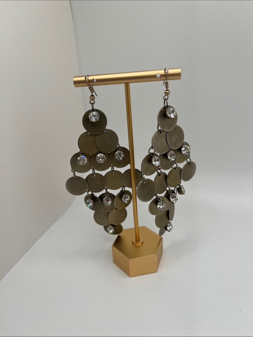 Source Unknown Pewter-Tone Disc Chandelier Earrings with Clear Crystals